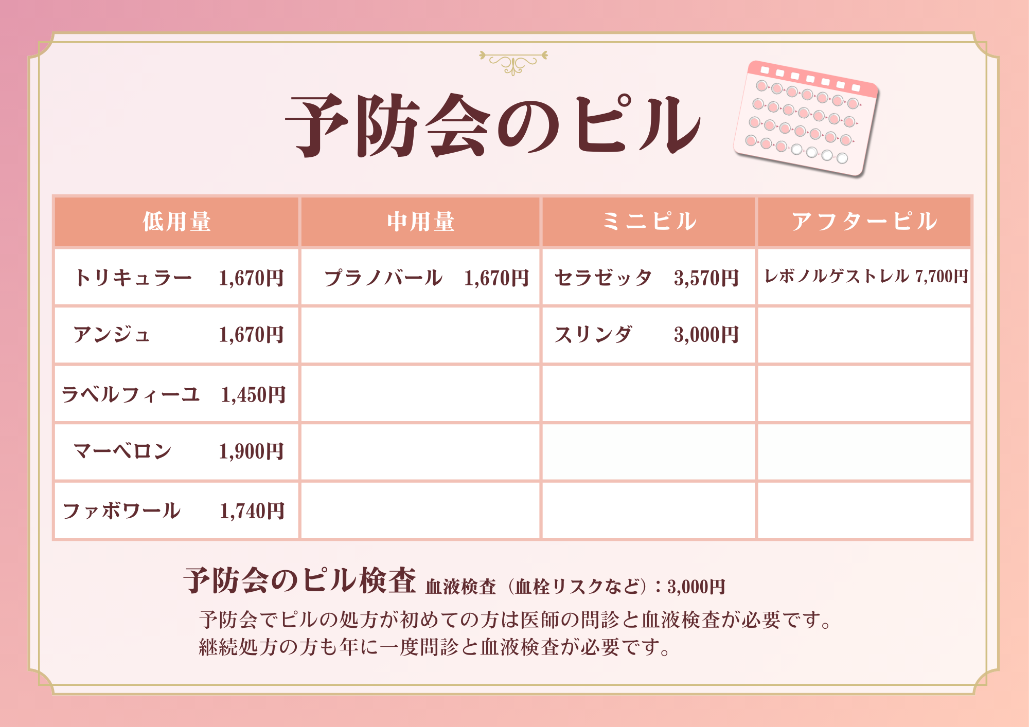 予防会のピル価格表